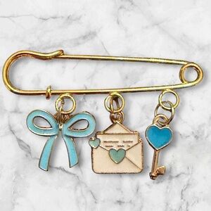 Gold Charm Safety Pin with Blue Accents